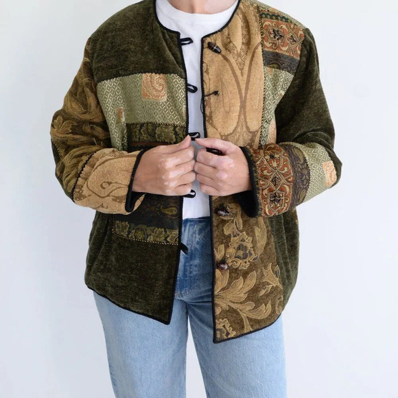 Vintage Allure Olive Green Brown Patchwork Tapestry Button Up Jacket M - Picture 2 of 11